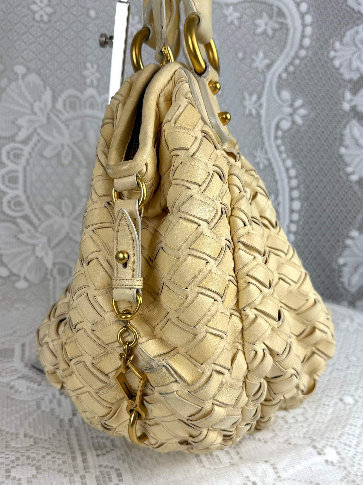 Vintage 00s Miu Miu Butter Yellow Woven Leather Shoulder Bag