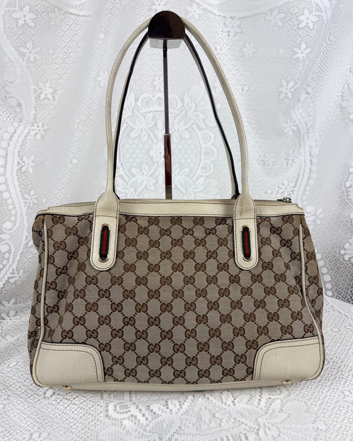 Vintage 00s Gucci Princy GG Canvas Leather Tote Bag White