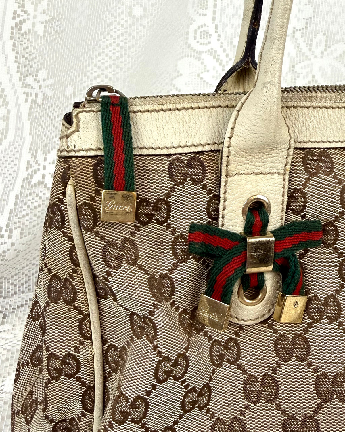 Vintage 00s Gucci Princy GG Canvas Leather Tote Bag White