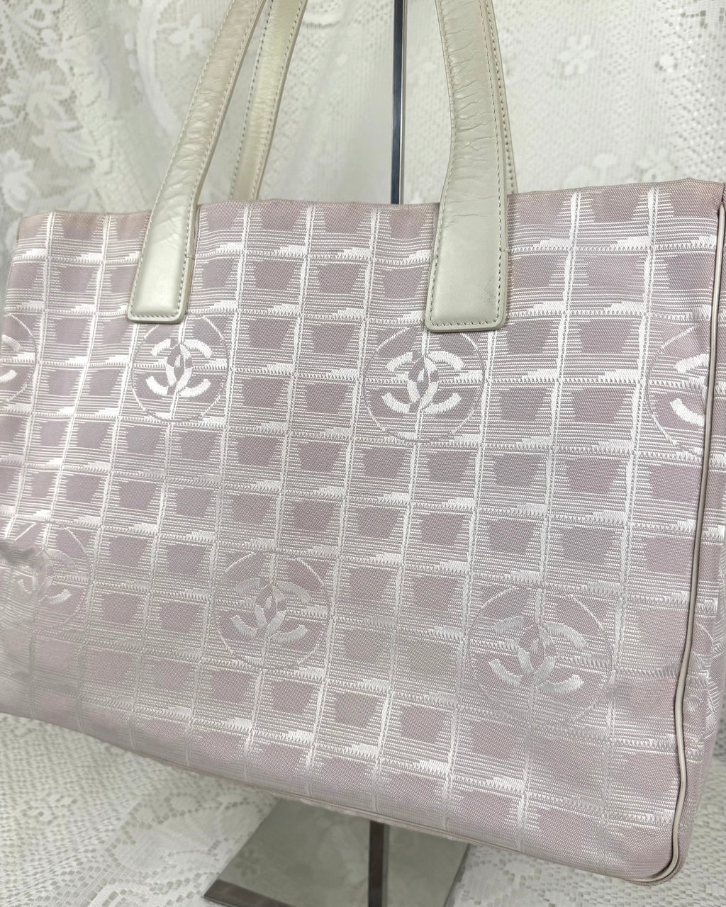 Vintage 2004 Chanel CC Travel Line Tote Bag Pink + White