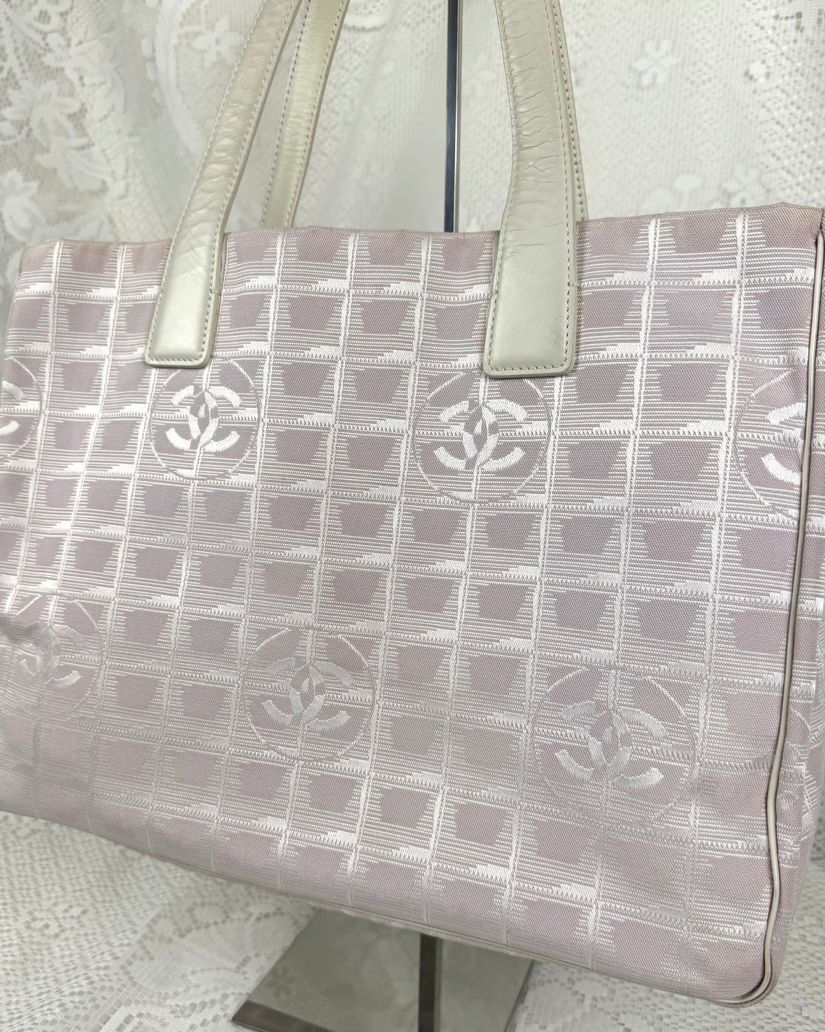 Vintage 2004 Chanel CC Travel Line Tote Bag Pink + White