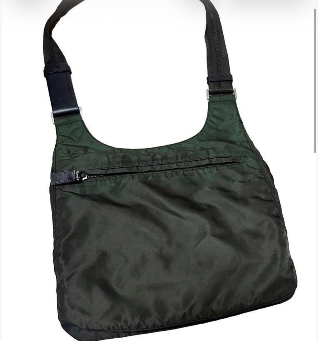 Vintage 90s Prada Nylon Crossbody Bag Dark Green