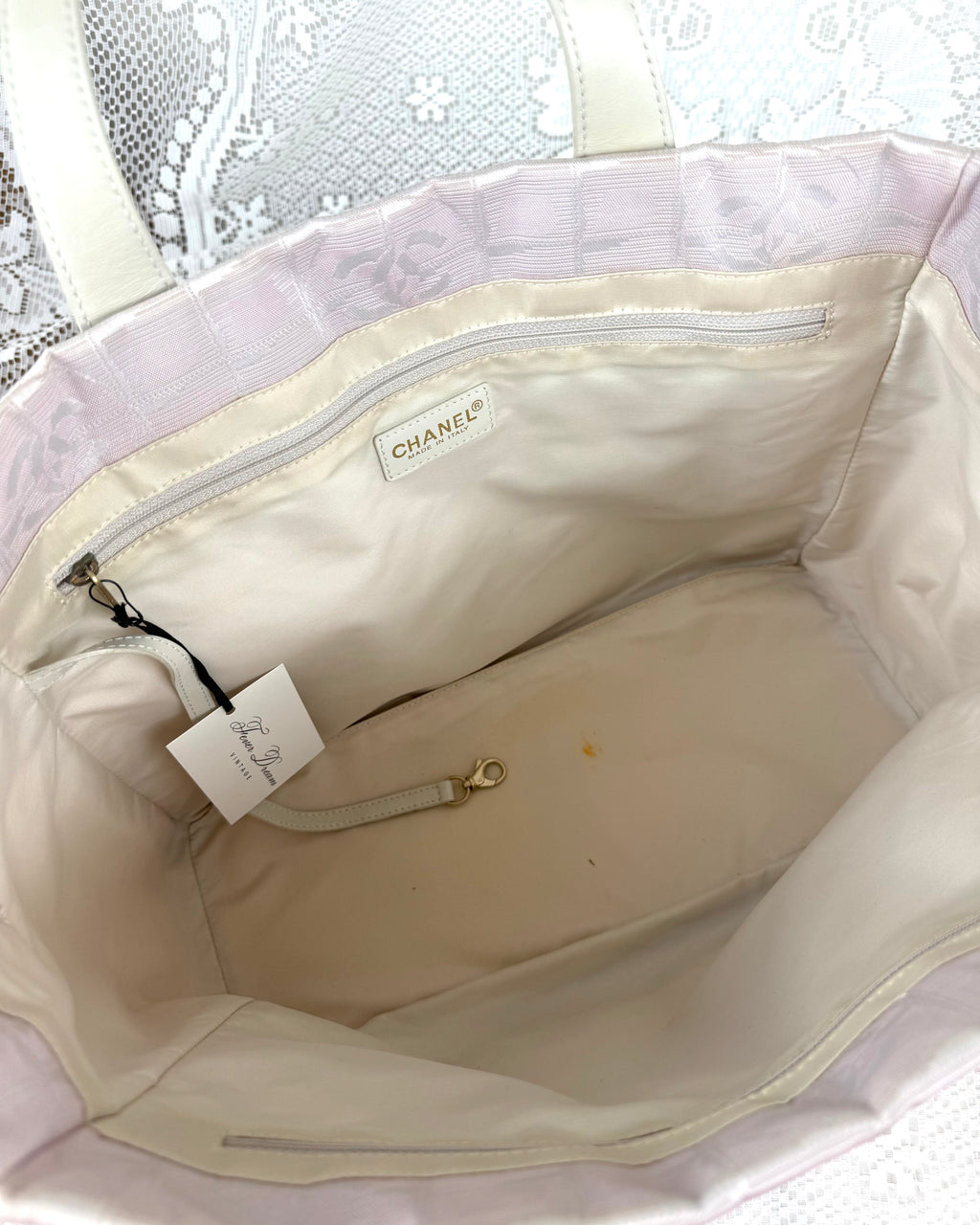 Vintage 2004 Chanel CC Travel Line Tote Bag Pink + White