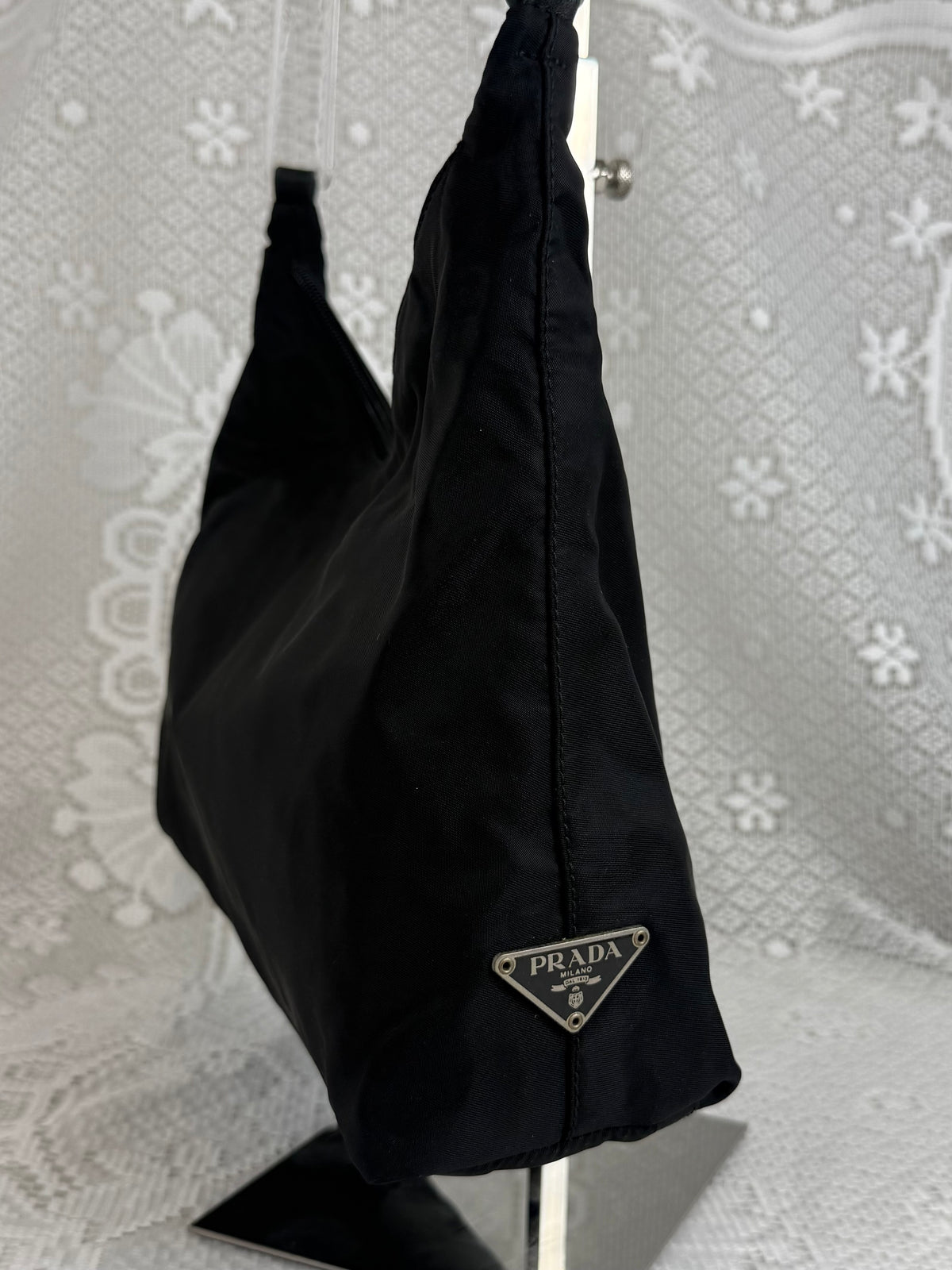 Vintage 90s Prada Nylon Shoulder Bag with Acrylic Top Handle