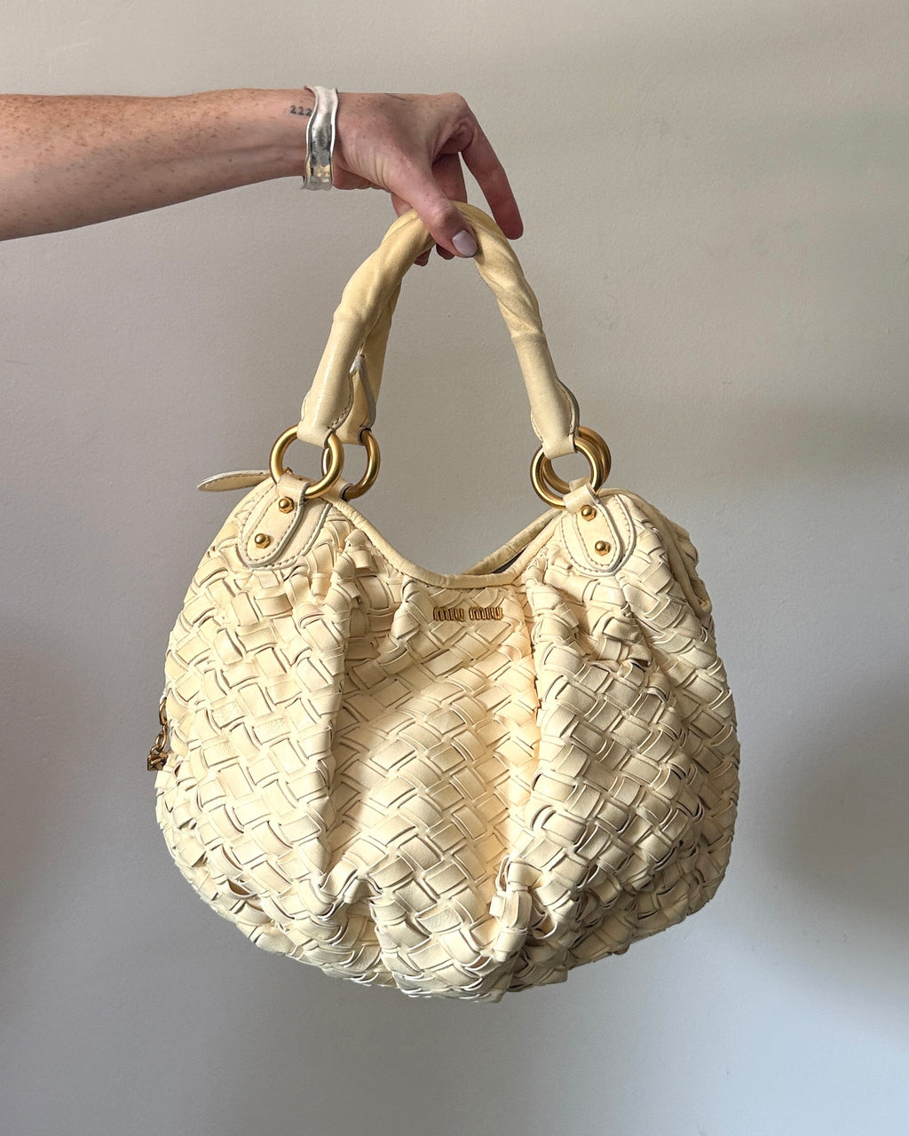 Vintage 00s Miu Miu Butter Yellow Woven Leather Shoulder Bag