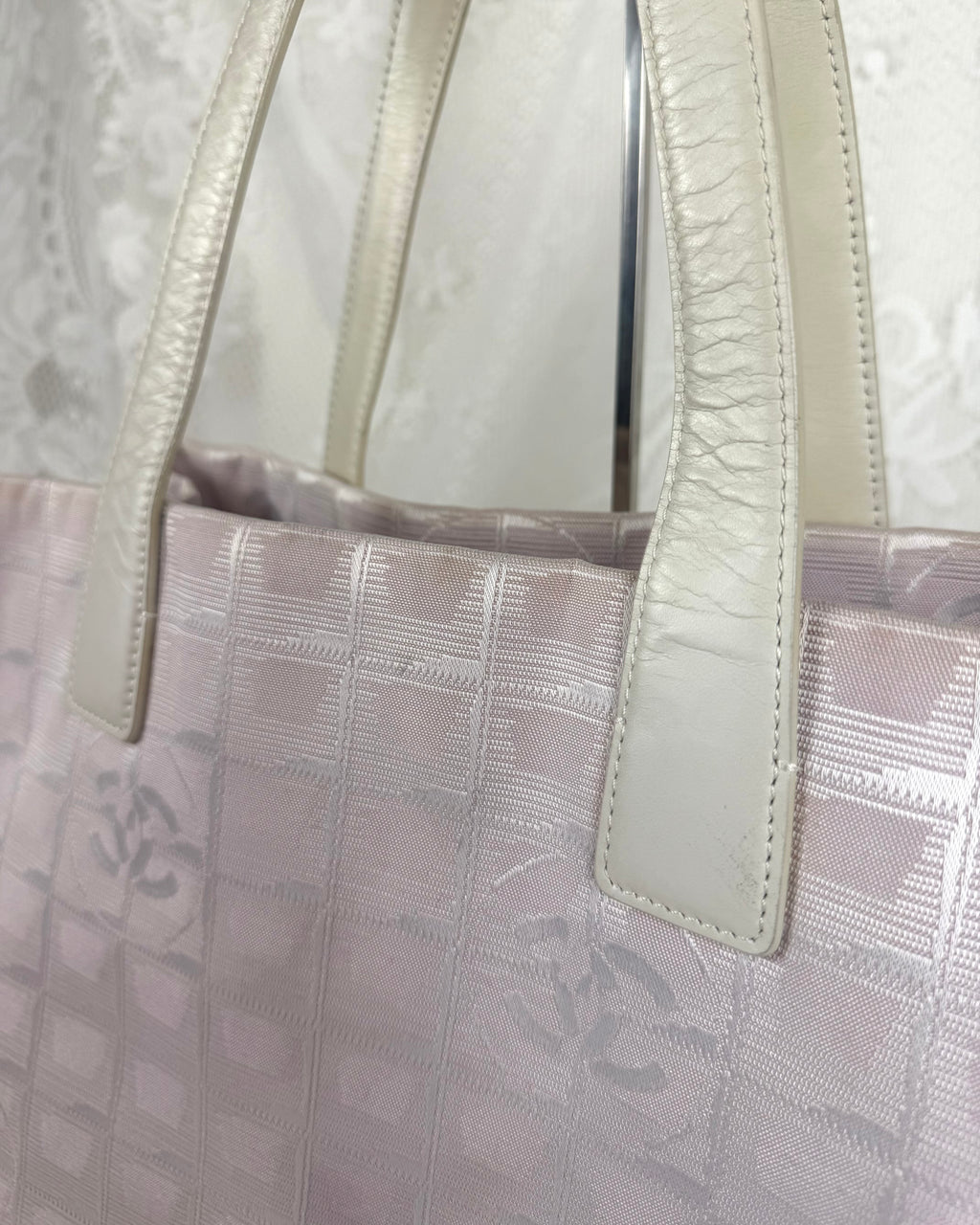 Vintage 2004 Chanel CC Travel Line Tote Bag Pink + White