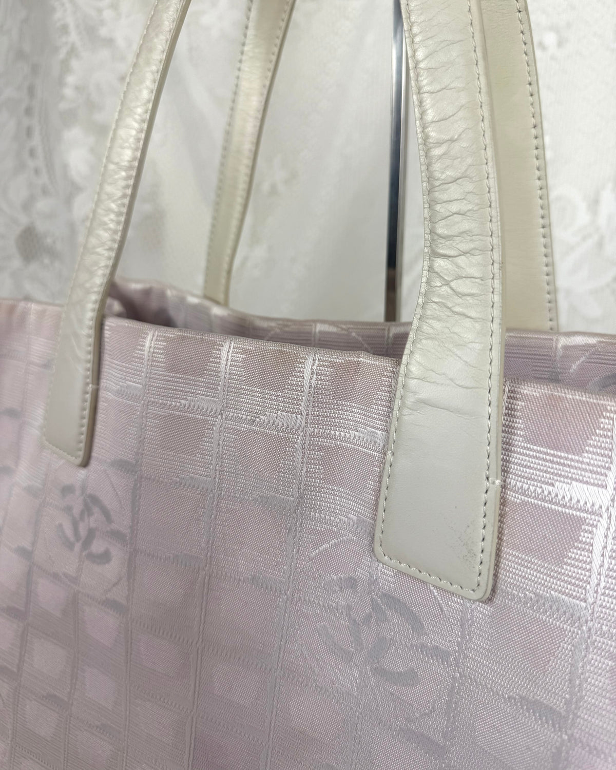 Vintage 2004 Chanel CC Travel Line Tote Bag Pink + White