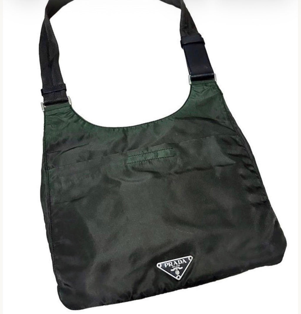 Vintage 90s Prada Nylon Crossbody Bag Dark Green
