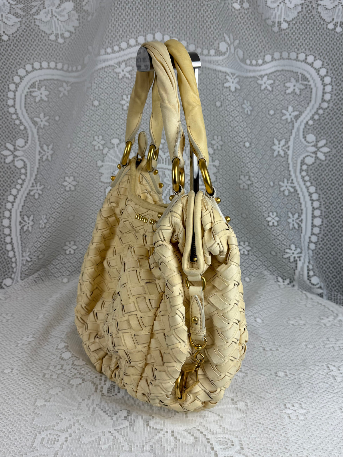 Vintage 00s Miu Miu Butter Yellow Woven Leather Shoulder Bag