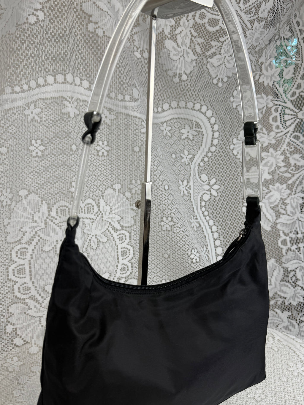 Vintage 90s Prada Nylon Shoulder Bag with Acrylic Top Handle