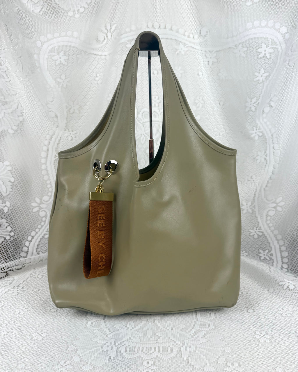 Vintage 00s SEE BY CHLOÉ Green Leather Tote with Piercing Detail