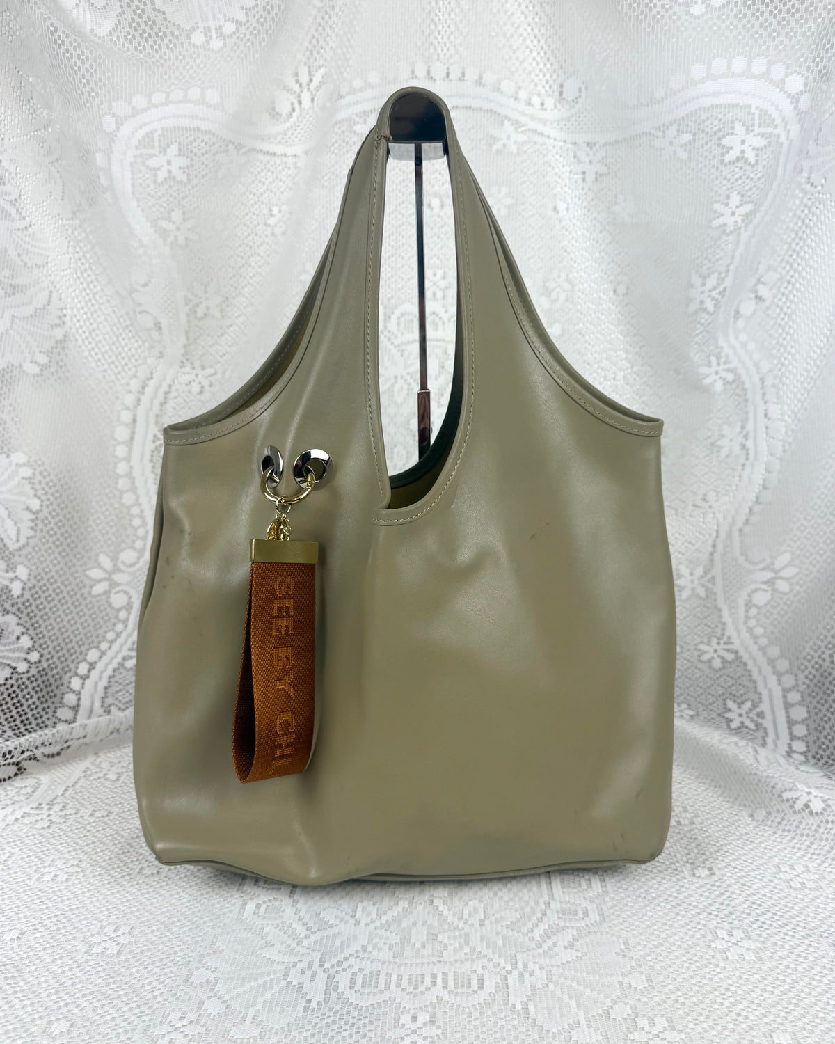 Vintage 00s SEE BY CHLOÉ Green Leather Tote with Piercing Detail