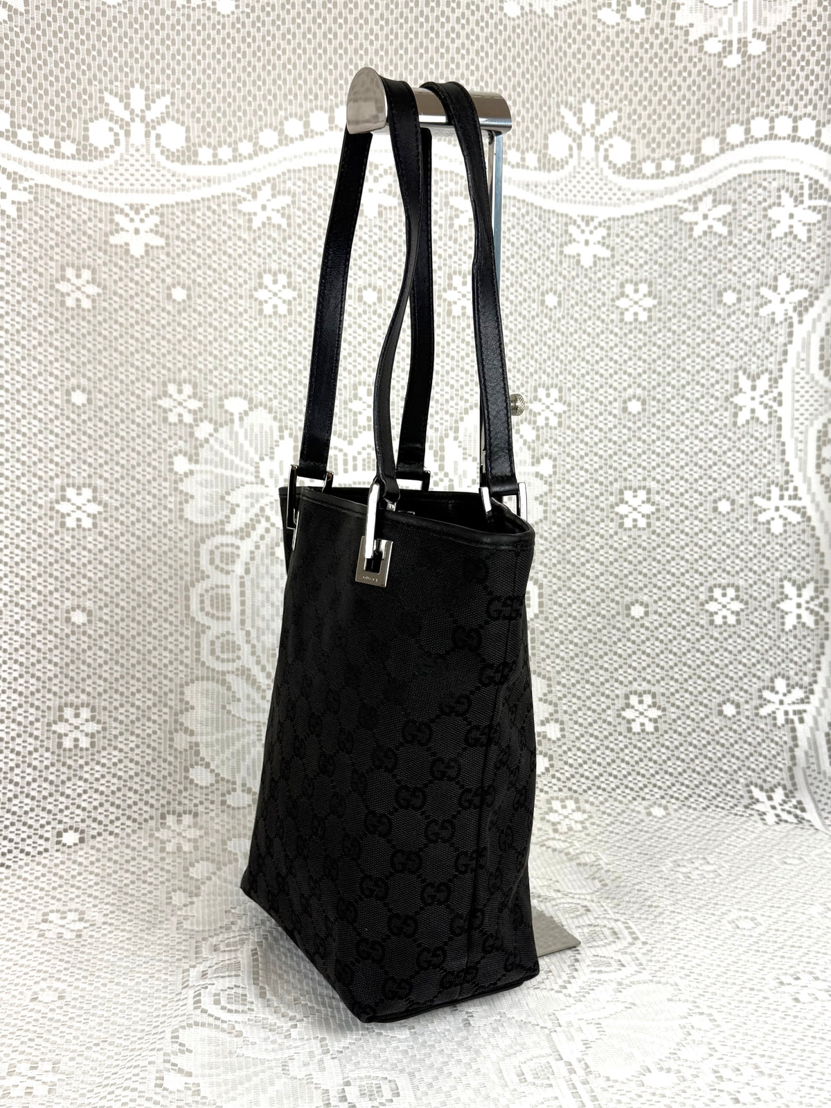 Vintage 00s Gucci GG Monogram Tote Bag Black + Silver Hardware