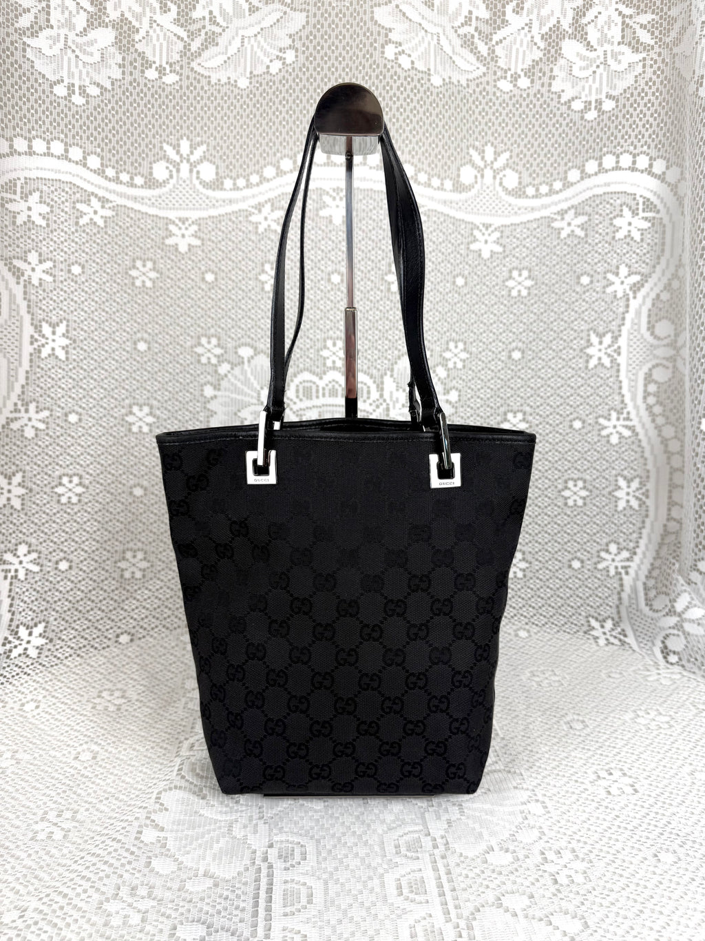 Vintage 00s Gucci GG Monogram Tote Bag Black + Silver Hardware