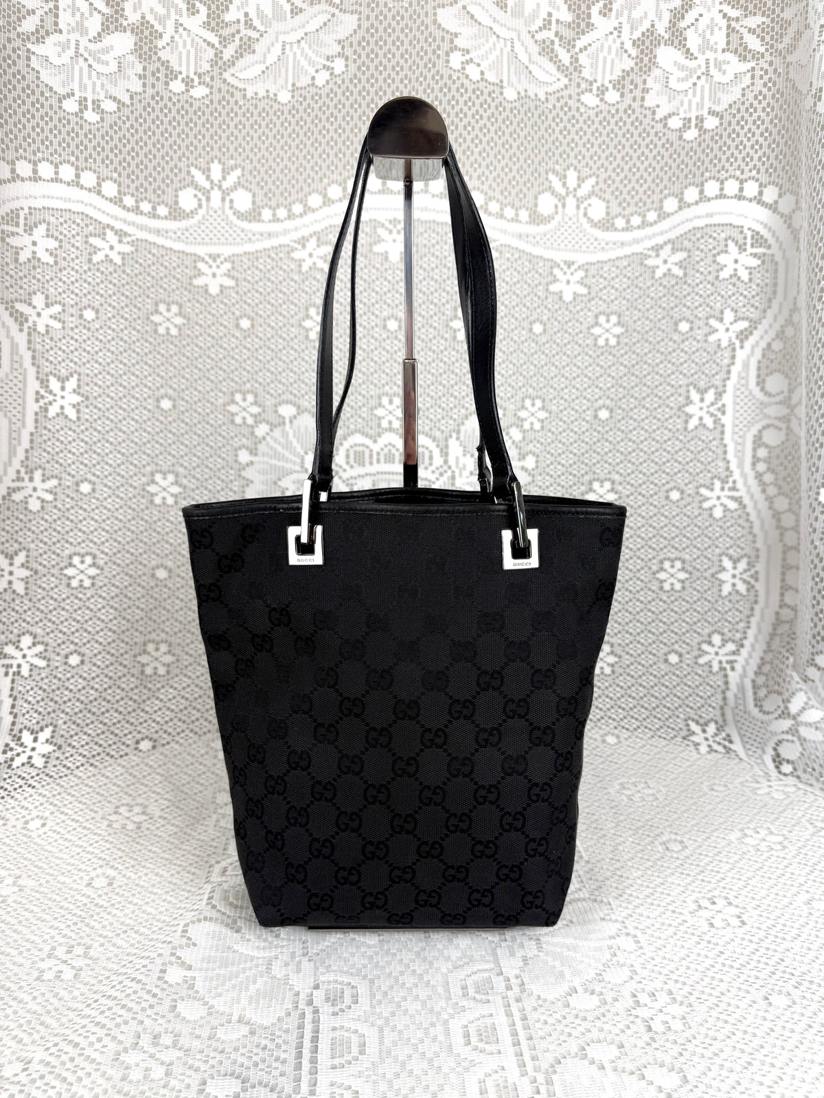 Vintage 00s Gucci GG Monogram Tote Bag Black + Silver Hardware