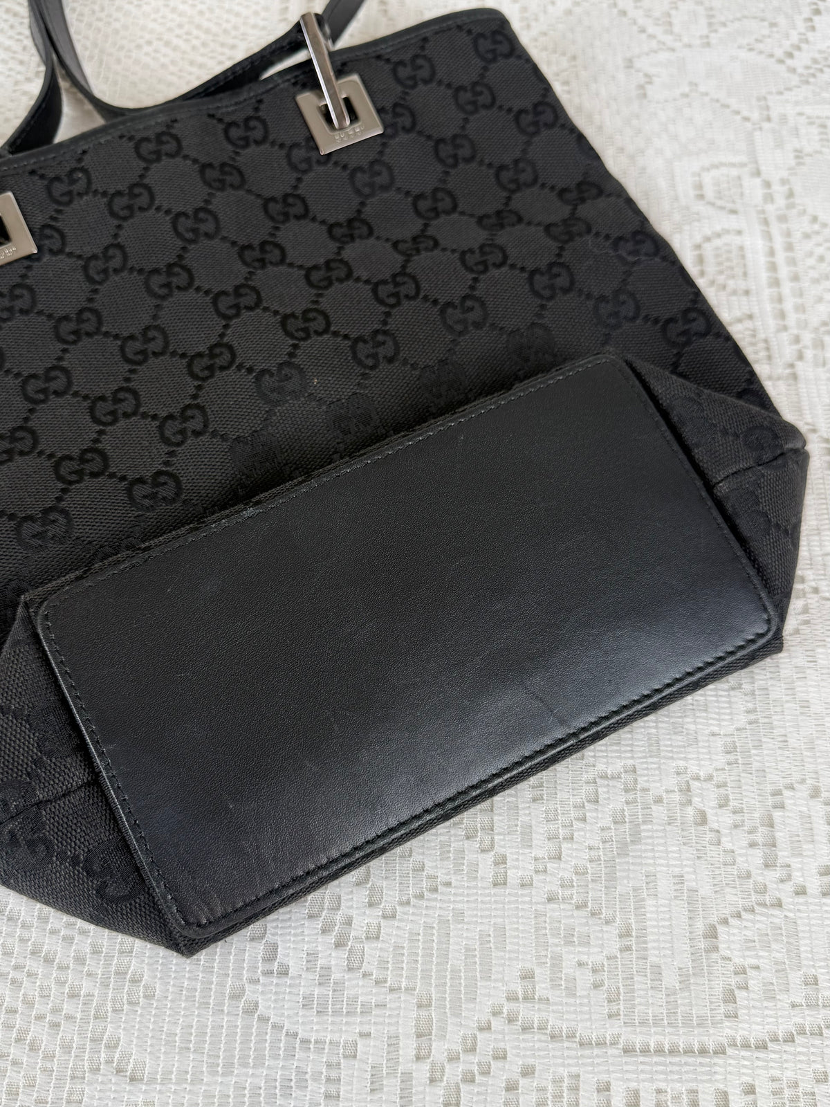 Vintage 00s Gucci GG Monogram Tote Bag Black + Silver Hardware