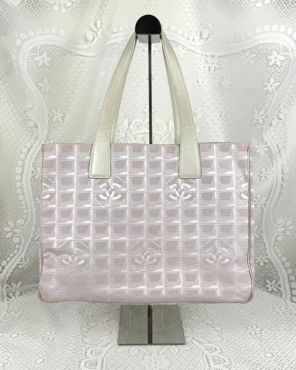 Vintage 2004 Chanel CC Travel Line Tote Bag Pink + White