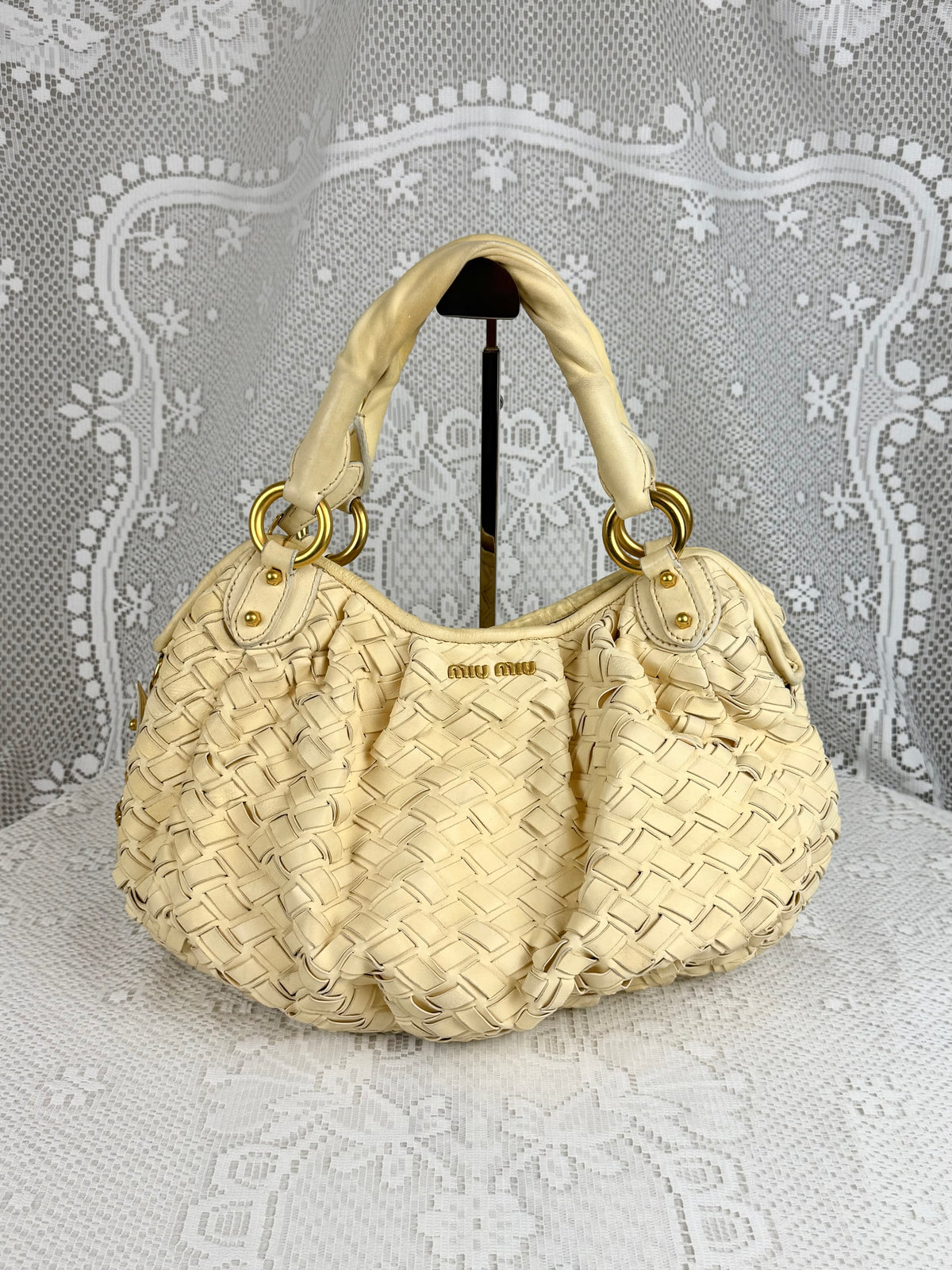 Vintage 00s Miu Miu Butter Yellow Woven Leather Shoulder Bag