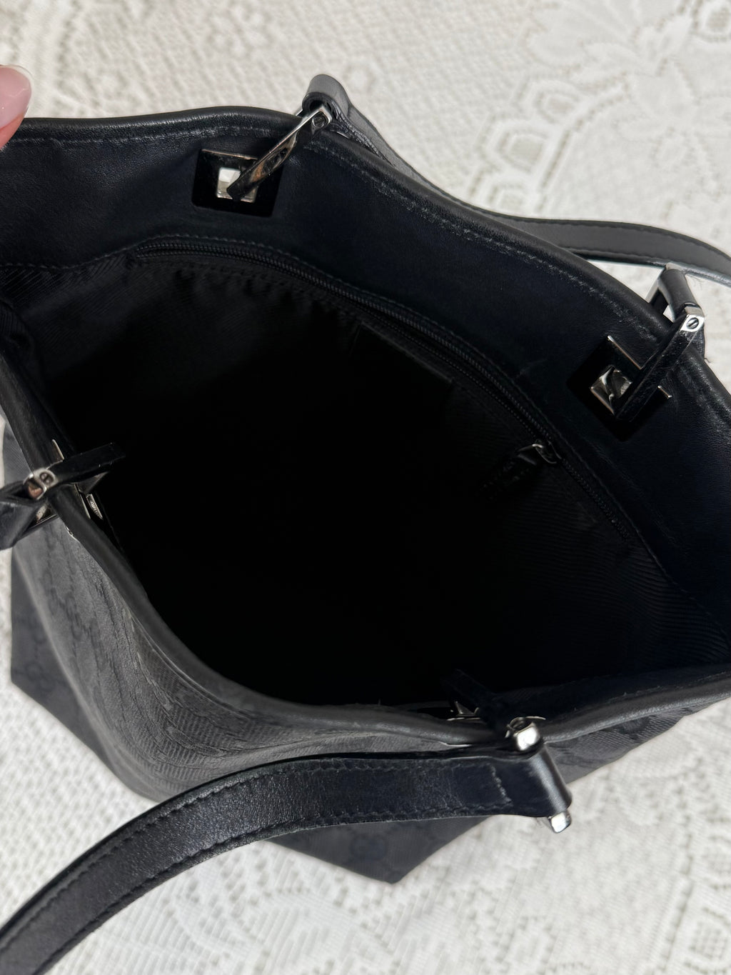 Vintage 00s Gucci GG Monogram Tote Bag Black + Silver Hardware