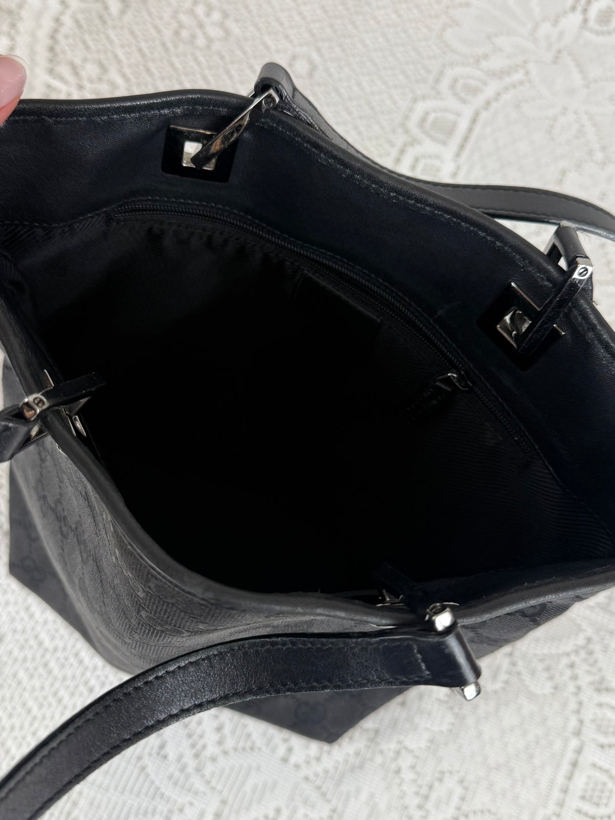 Vintage 00s Gucci GG Monogram Tote Bag Black + Silver Hardware