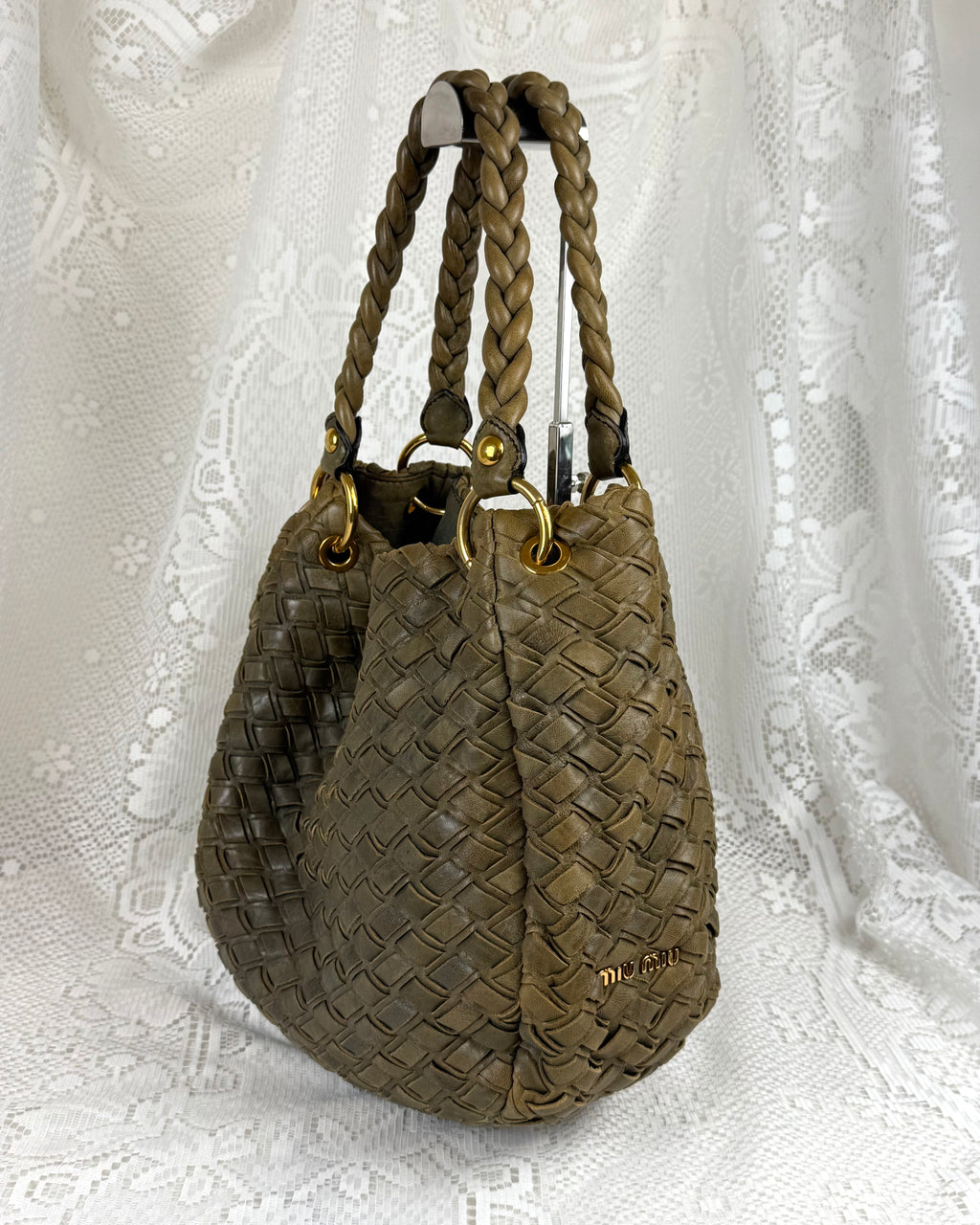 Vintage 00s Miu Miu Woven Leather Shoulder Bag