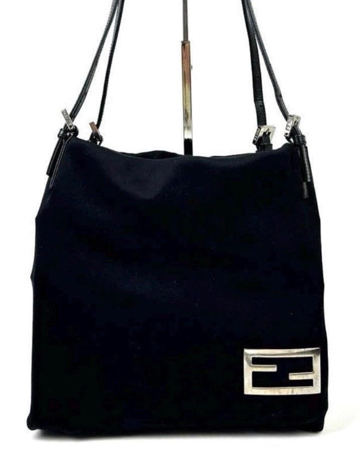 Vintage 90s Fendi Black Shoulder Bag with Silver Zucca FF