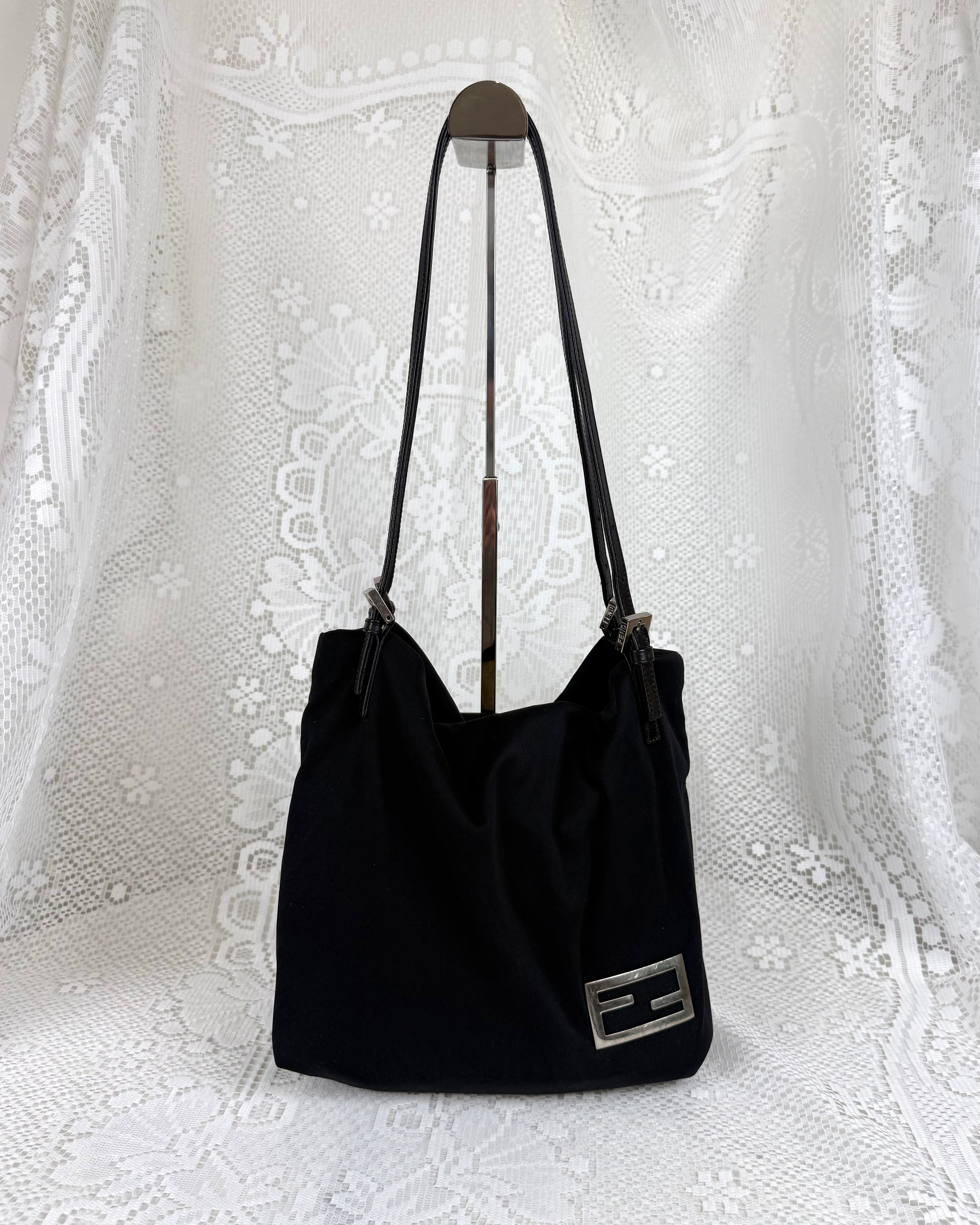 Vintage 90s Fendi Black Shoulder Bag with Silver Zucca FF