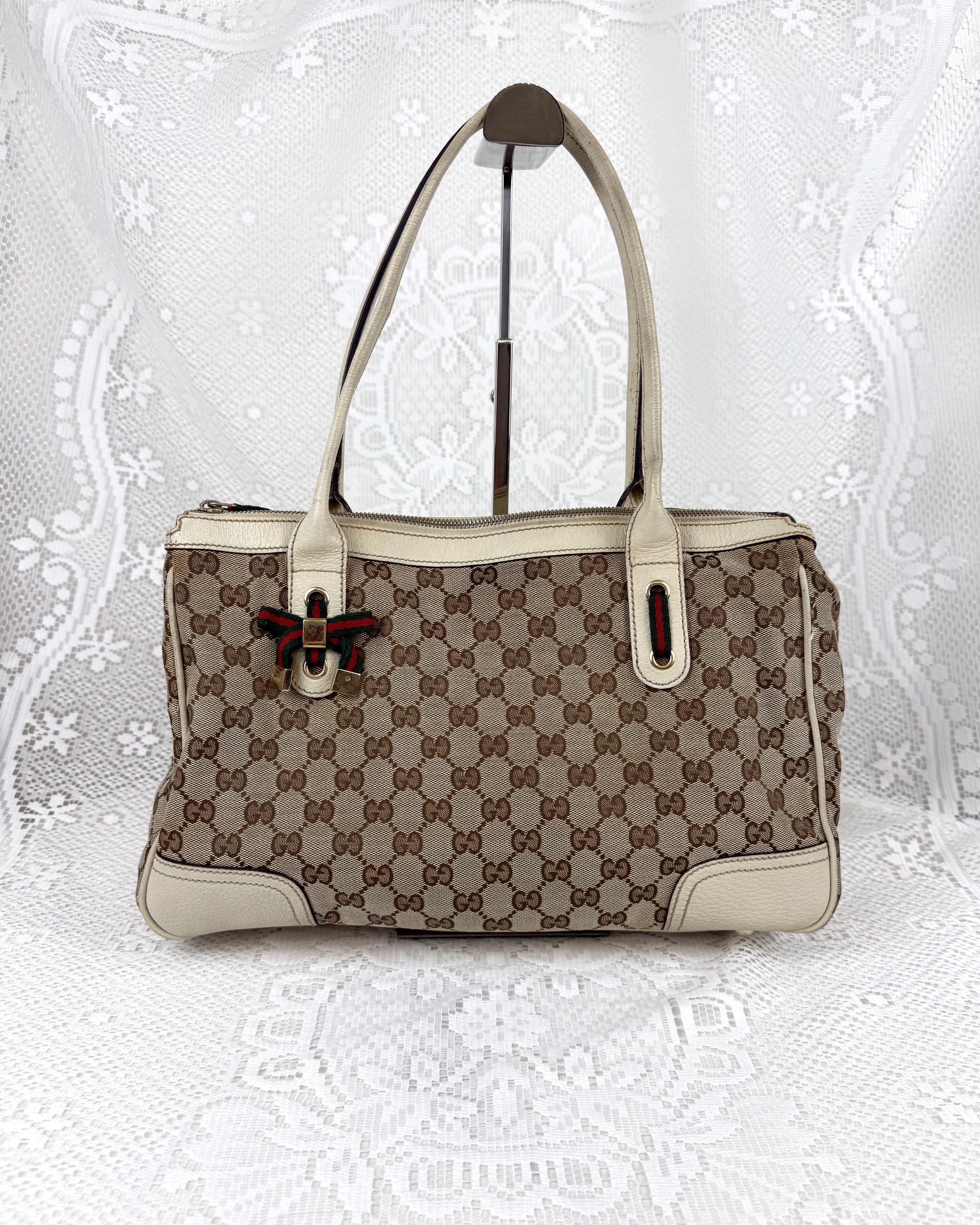 Vintage 00s Gucci Princy GG Canvas Leather Tote Bag White