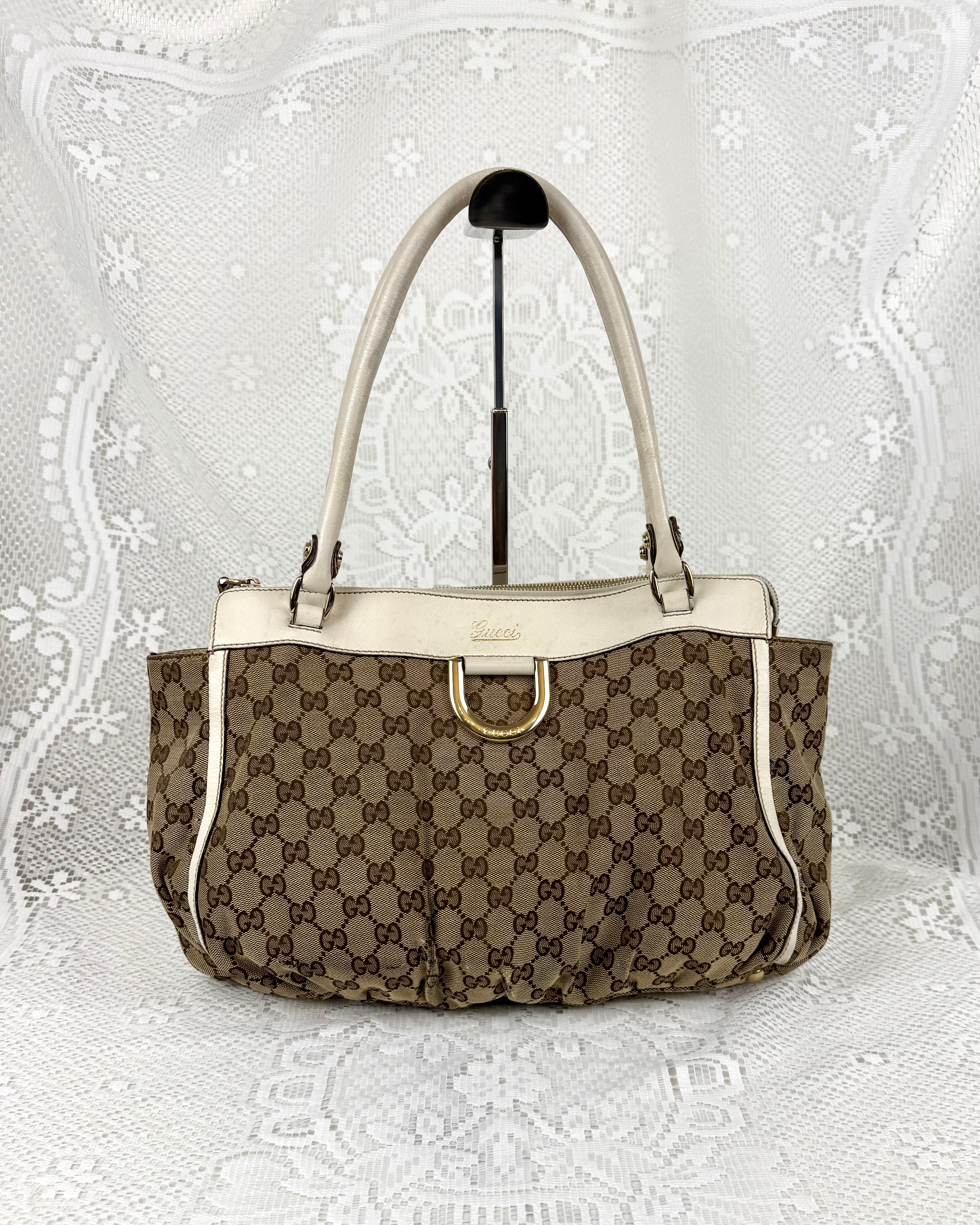 Vintage 00s Gucci Abbey D Ring Shoulder Bag GG Monogram White